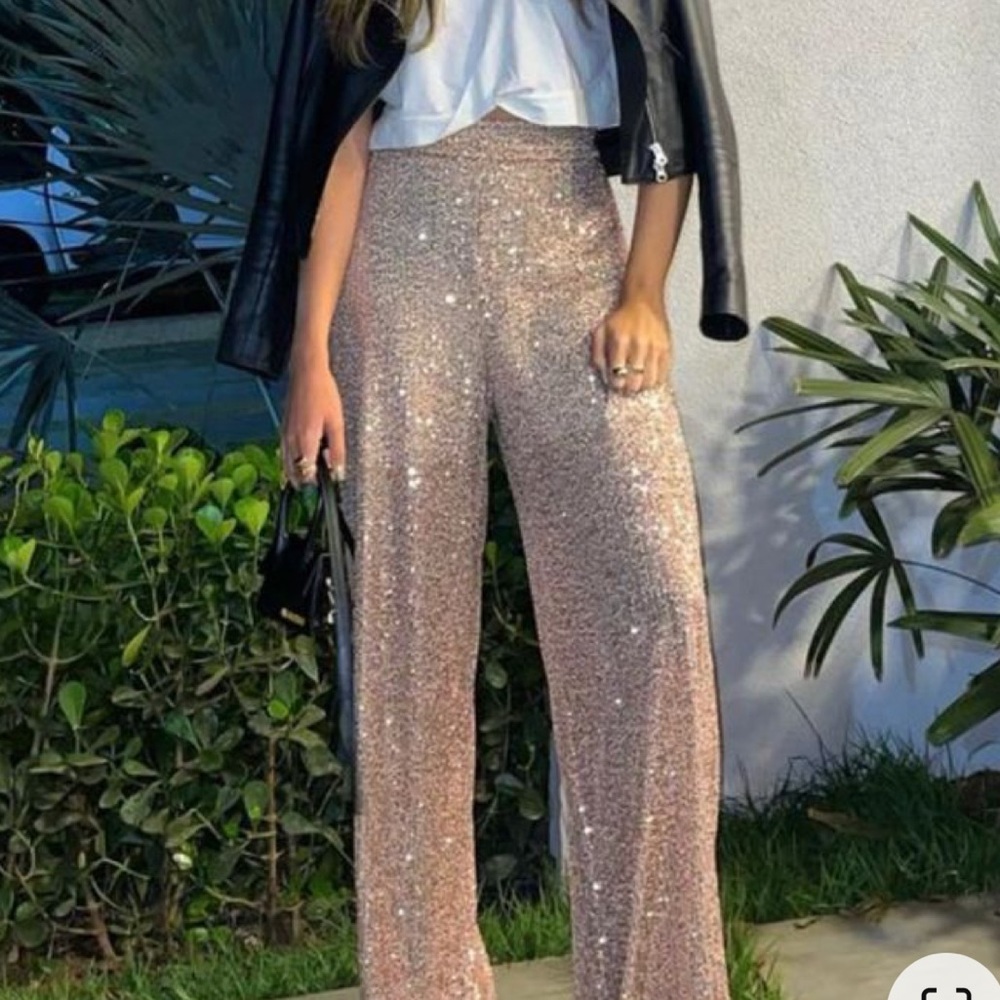 Glitzy Glamour Sequin High Rise Elastic Waist Wide Leg Pants MEDIUM